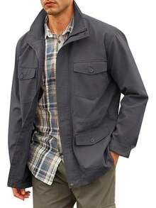 Mens Military Jacket Full Zip And Button  Field Jacket Multi Pocket Cargo Outdoor Coathalloween - 深灰色 - 查看 1