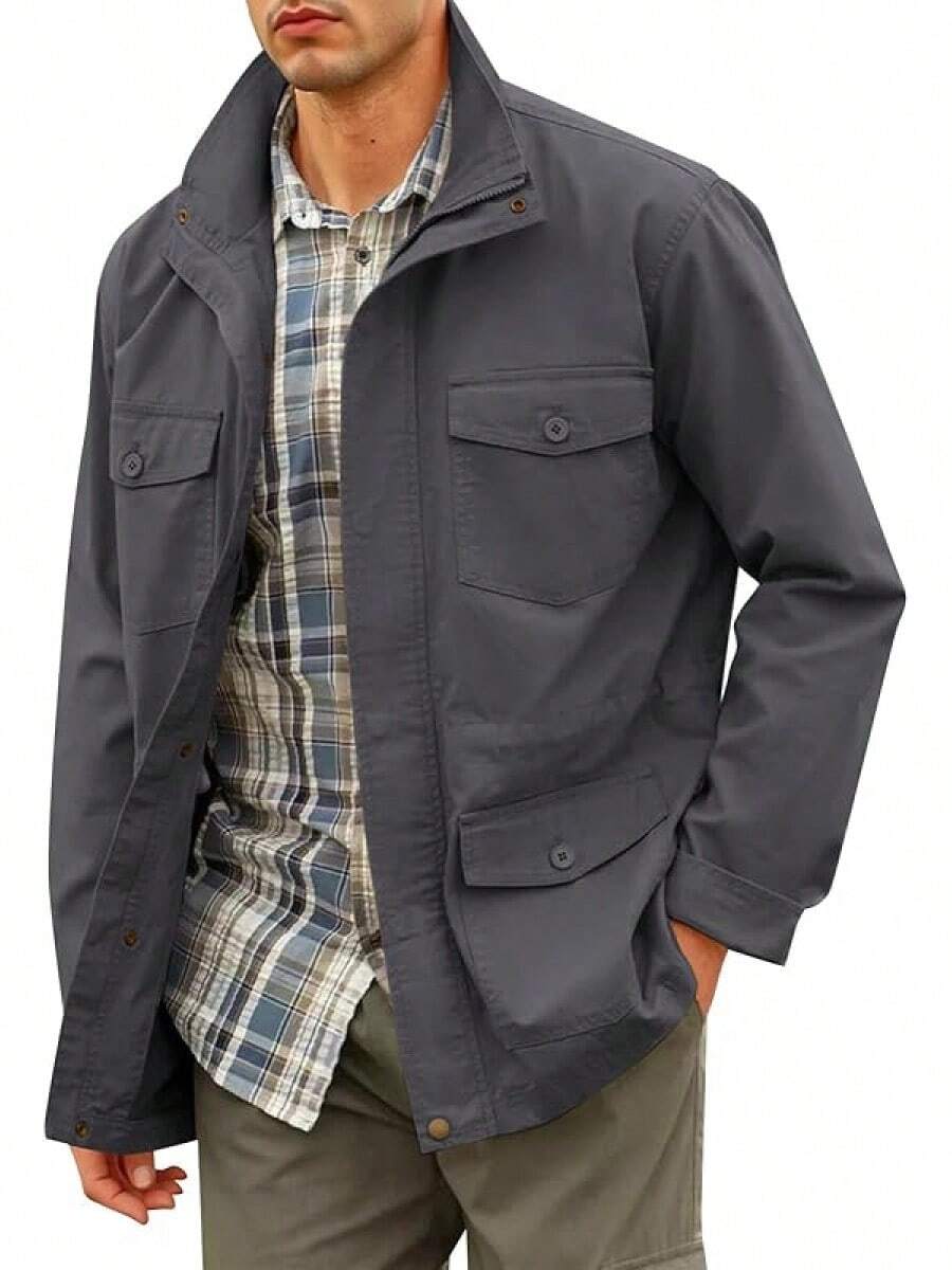Mens Military Jacket Full Zip And Button Field Jacket Multi Pocket Cargo Outdoor Coathalloween - 深灰色 - 查看 1