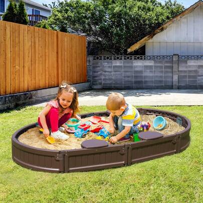 Sandbox With Cover, 72 X 41.5 X 9.1 In Oval Sand Box, HDPE Sand Pit With 4 Corner Seating And Bottom Liner, Kids Sandbox For Outdoor Backyard, Beach, Park, Gift For Boys Girls Ages 3-12, Brown