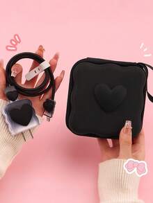 Cute Bow Candy Color Data Cable Protective Cover Data Cable Storage Protection Bag Data Cable Earphone Charger Digital Accessories Storage Box Anti-Fall Zipper Bag 6 Pieces Set Compatible With IPhone20W Fast Charging Head