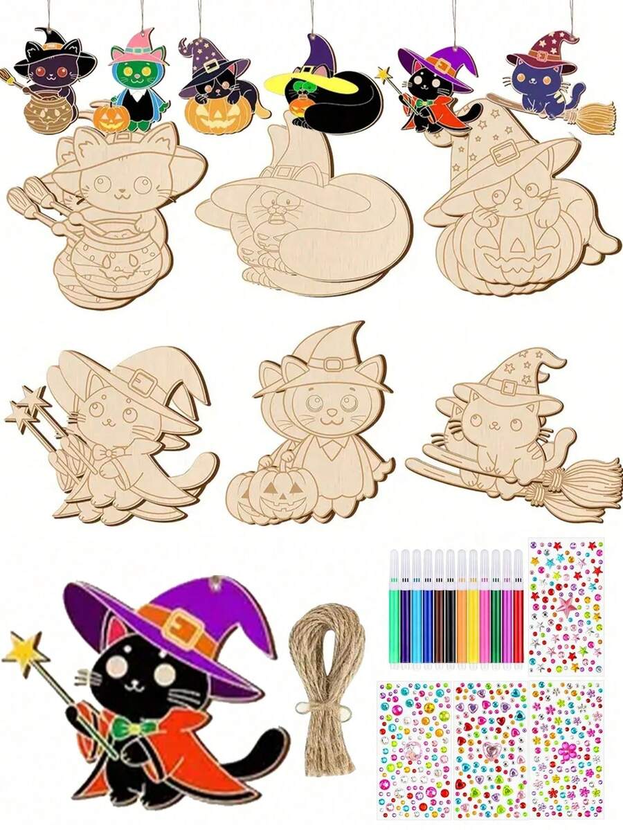 12pcs Magic Cat Unfinished Halloween Wooden Decoration, Halloween Cat Coloring Wooden Crafts, Hanging Ornaments - DIY Handmade Set - DIY Painting Set - Perfect For Holidays, Birthdays And Room Decorations