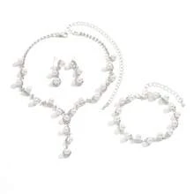 Elegant Faux Pearl & Diamond Jewelry Set - Necklace, Earrings, Bracelet, Suitable For Women's Wedding, Party Wear