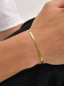 1pc Vintage Minimalist Plain Stainless Steel Flat Snake Chain 18K Gold Color Bracelet, Unisex Jewelry Accessory, Suitable For Autumn, Daily Wear - Flat Snake Company - View 6