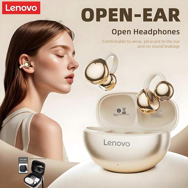 Lenovo Écouteurs sans fil Bluetooth Lenovo TA410 TWS de type clip d'oreille, Bluetooth 5.4, contrôle tactile, longue durée de vie de la batterie avec microphone réducteur de bruit. Casque audio pour la musique, le bureau, les sports et le jeu