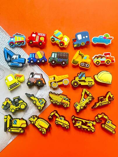 25 PIECES Toy Car Series, Featuring Models Such As Excavators, Fire Engines, And Trucks - Colorful Randomly Mixed Vehicle Design, Plastic Sports Shoes Accessories, Valentine's Day, Graduation Gifts, Shoes And Packaging Ornaments, Gift Accessories | Fun And Charming Design | Bright Patterns, Footwear Accessories