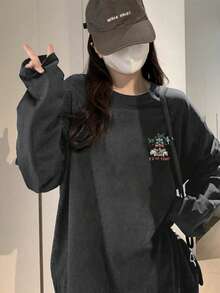 Women's Loose FitLetter & Cartoon Duck Print Long Sleeve T-Shirt, Versatile For Spring & Autumn Casual - Dark Grey - View 3