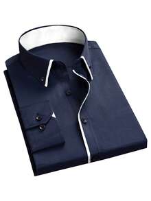 1pc Men's Casual/Business Shirt, Intricate Craftsmanship - Pearl Buttons, Comfortable 100% Polyester Fabric, Meticulously Tailored, Slim Fit - Recommended To Pair With Suit Pants - Navy Blue - View 6