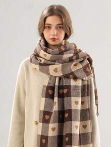 1pc Women Retro Elegant Plaid Thick Faux Cashmere Scarf, Warm & Windproof, Tasseled Shawl Wrap Suitable For Any Occasion For Dress - Brown - View 2