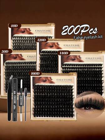 180/160 st 160D enkla kluster minkfransar 0,07D lockiga fluffiga tjocka gör-det-själv-kluster, 10 rader med 6D böjda förlängningar, gör-det-själv individuella fransar med spetsig fransbindning, limpincett och borste för ögonfransförlängningar hemma, halloweenpresent lösögonfransar, julklapp