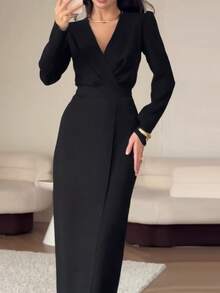 女士时尚V领长袖优雅奶油黄色纯色梭织连衣裙 - 黑色 - 查看 7