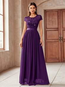 MIUSOL Elegant Women's Sequin Floral Lace Contrast Chiffon Maxi Dress With Pleated Hem,  Perfect For Evening Party, Wedding Guest, Anniversary Balls - 紫色 - 查看 3