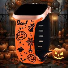 Halloween Pumpkin & Bat Carving Patterns Strap Compatible With Apple Watch Band Ultra SE/10/9/8/7/6/5/4/3/2/1 Perfect Gift For Women Skin-Friendly Silicone Replacement Watch Band Compatible With Iwatch Ultra 38mm 40mm 41mm 45mm 44mm 42mm 46mm 49mm (Watch Not Included)