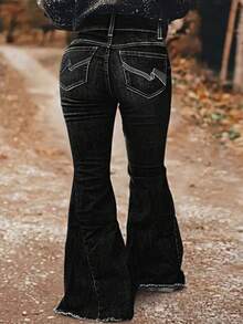 Quần jeans nữ ống loe cạp chun thêu họa tiết, viền tua rua, kiểu dáng đa năng, màu đen, thích hợp cho mùa xuân. - màu đen - Xem 4