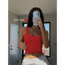 Women Rib Tank Top Padded Workout Top Square Neck Crop Tank Fitted Basic Cami Tops - Hot Red - View 2