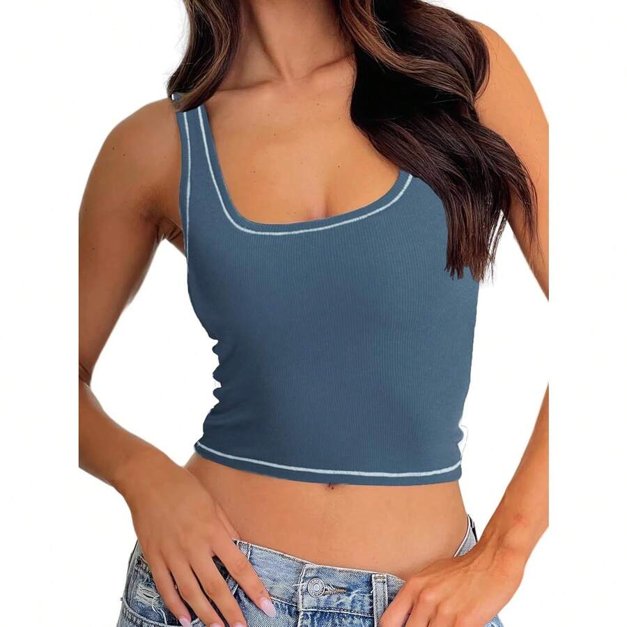Camiseta de mujer de costilla con acolchado, top de entrenamiento de cuello cuadrado, top corto ajustado, camiseta básica de tirantes - Zarpar - Ver 1