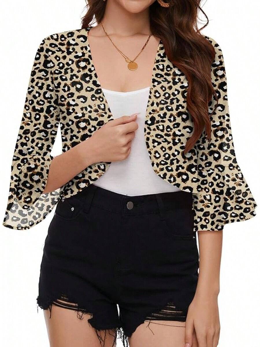 LOMON 3/4 Sleeve Cropped Cardigan Women Lightweight Open Front Bolero Shrug Dresses - Họa tiết da báo Z - Xem 1