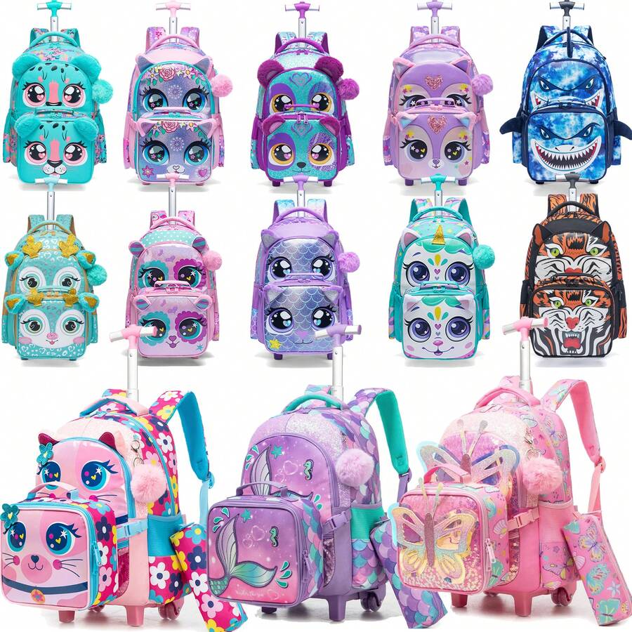 3PCS Rolling Backpack For Girls Kids Backpack With Wheels Roller Backpack With Wheels Set For Elementary Students Carry On Luggage Bookbag With Roller - Animal Trolley Bag - View 1