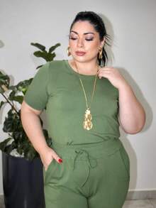 Women's Plus Size Knit Sweatshirt Set, Blouse And Simple Pants, Knitted Fabric, Pocket Set, Holiday Vacation, Daily Home, Travel, Summer - 軍綠色 - 查看 2