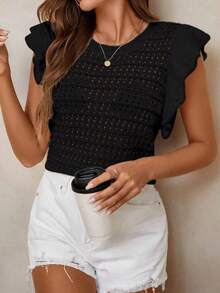 女士钩针编织条纹毛衣背心，轻盈圆领荷叶边短袖上衣 - 黑色 - 查看 2