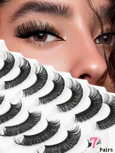 7 paia di ciglie finte artificiali, effetto occhio di gatto, 20 mm, folte e soffici, ciglie a nastro volume russo, ciglie finte arricciate D, effetto naturale