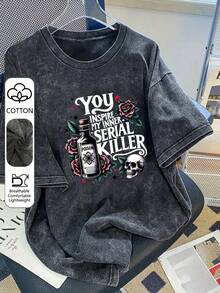 T-shirt d'été à manches courtes en coton pour femmes grandes tailles avec imprimé bouteille de poison, rose et crâne. Top casual et confortable pour un port quotidien