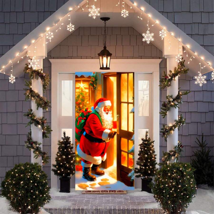 Copertura per porta di Babbo Natale - In fibra di poliestere, decorazione natalizia multifunzionale per uso interno ed esterno - Senza bisogno di elettricità