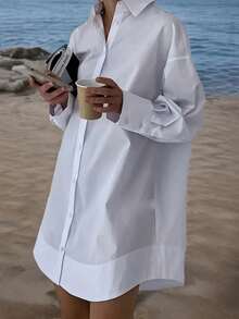 Camisa blanca de manga larga, holgada, de unicolor y con botones delanteros, para primavera, talla grande - Blanco - Ver 1