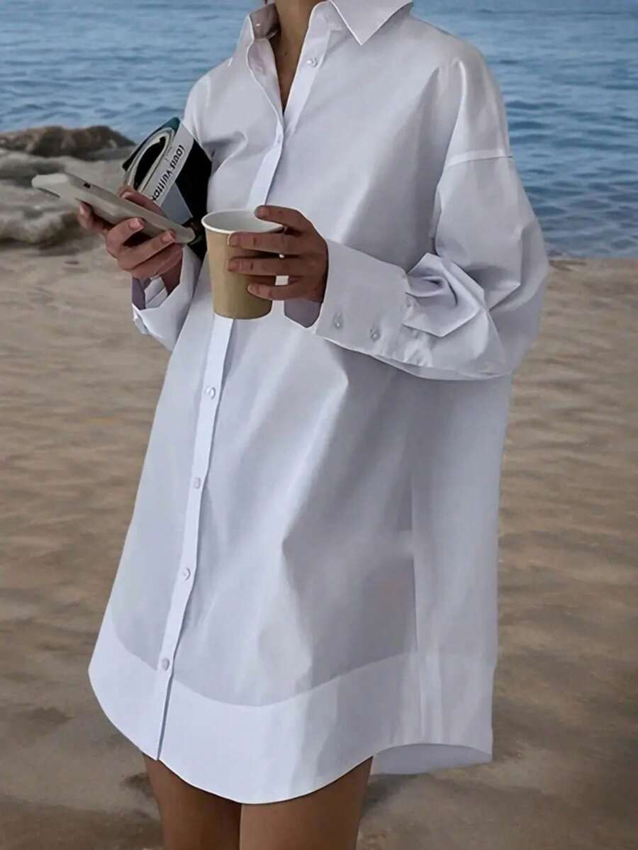 Camisa blanca de manga larga, holgada, de unicolor y con botones delanteros, para primavera, talla grande - Blanco - Ver 1