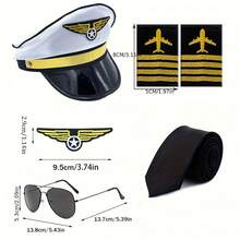 5 件套，飞行员服装套装，包括航空飞行员机长、飞行员帽、肩章、徽章、领带配件、舞会角色扮演套装、Cos 角色套装 - 多色 - 查看 5