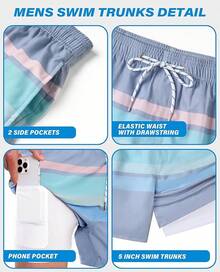 Swim Trunks Mens 5 Inch Inseam Compression Liner Short Men Bathing Suit Lined Swimming Shorts Men's Swim Suits - 灰線 - 查看 5