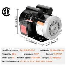 1.5 HP, 3450 Rpm, AC 115V/230V, 56 Frame, Single Phase Air Compressor Motor, 5/8" Keyed Shaft, Clockwise/Counterclockwise Rotation For Agricultural Machinery And General Equipment. - 3450 RPM 1.5 HP 56 - View 7