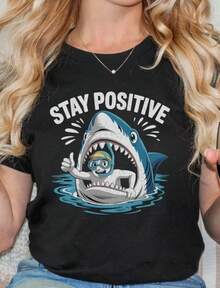 Stay Positive Shark Tee, Unisex Motivational T-Shirt, Fun Graphic Shirt, Gift For Beach Lovers, Summer Vibes Tee, Gift For Shark Lovers - 黑色 - 查看 1