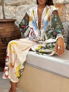 Women's Bohemian Celestial Print Two-Piece Set: Button-Down Shirt & Wide-Leg Pants With Star, Moon & Cactus Motifs For Resort Vacations, Beach Brunch & Girls' Getaways.(The Fabric May Be Called "Autumn Fragrant Linen," Which Is Slightly Stiff. Please Consider Carefully Before Placing An Order.) - Mixed Colors - View 2