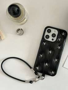 Étui de téléphone  noir premium 3D avec étoile argentée compatible avec l'iPhone 16 Pro Max, l'iPhone 15 nouvelle version 16 Pro avec dragonne, design minimaliste pour l'iPhone 14 Pro Max, l'iPhone 13, couverture complète