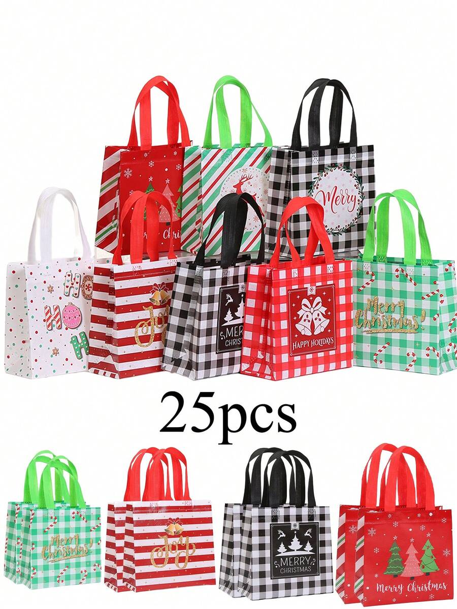 25pcs Christmas Gift Bags - Red & Black Plaid Non-Woven Tote Bags, Christmas Element Printed Decorative Non-Woven Fabric Gift Bags, Reindeer Bell And Stocking Design, Suitable For Party Favors And Holiday Gifts, Christmas Decorations