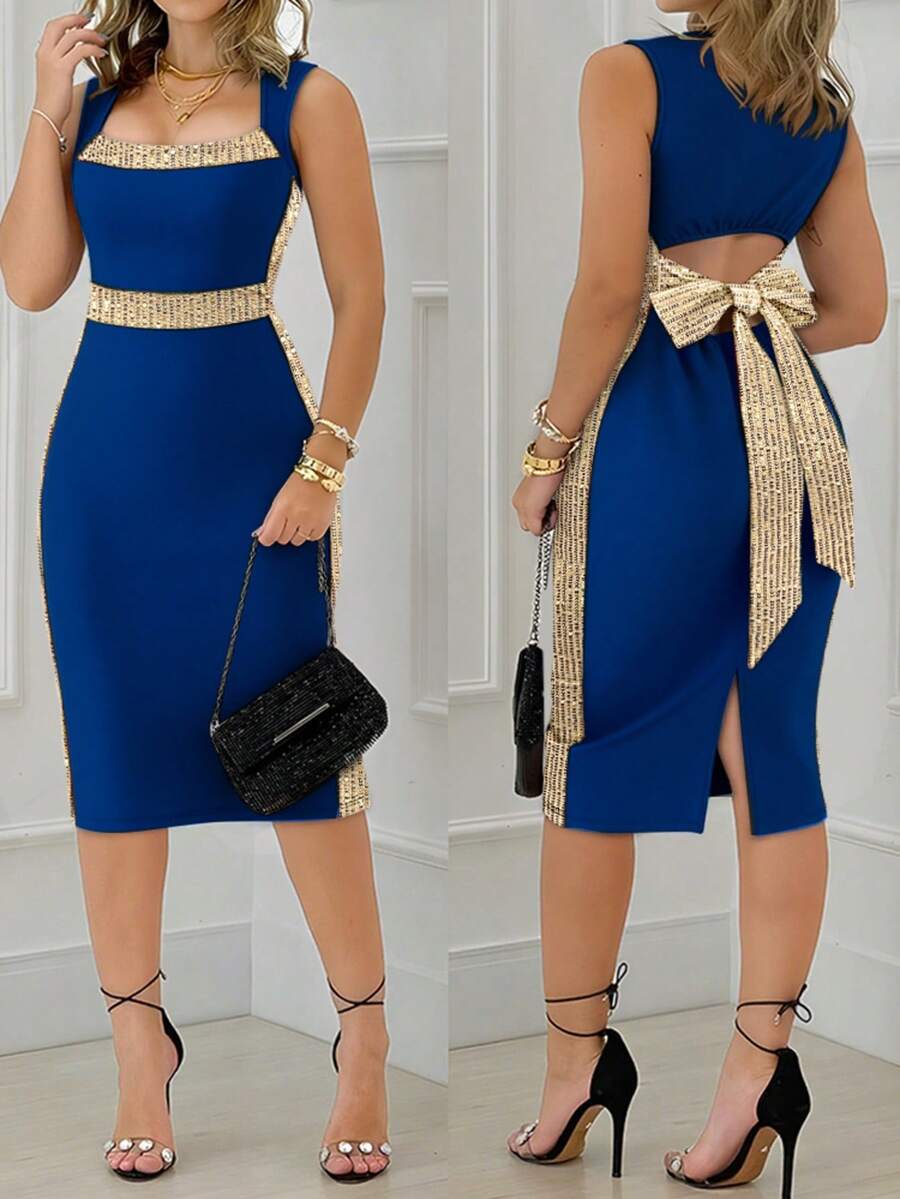 ChicMe Đầm midi nữ cổ vuông không tay hở lưng đính sequin thắt eo nơ xẻ tà, kiểu dáng gợi cảm, thanh lịch, ôm sát, thích hợp cho tiệc cocktail hoặc dạ hội.