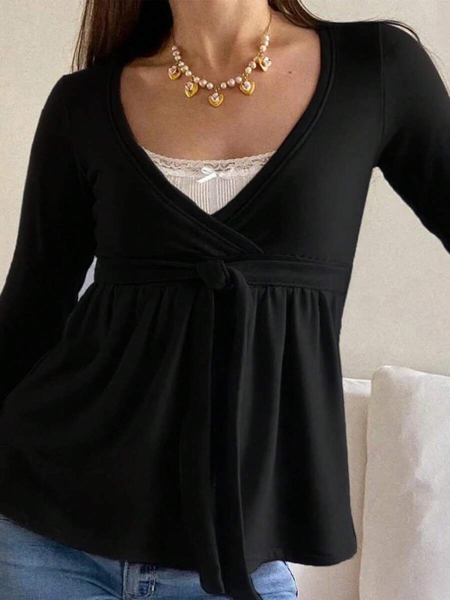 Women Y2K Babydoll Knit Tops Long Sleeve Lace Patchwork Low Cut Peplum Sweater Fairy Vintage 90s Coquette Blouse - 黑色 - 查看 1