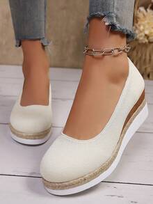 1 Pair Beige Round Toe Non-Slip Lightweight Comfortable Casual Pearl Linen Slip-On Loafers, Suitable For Commuting, Casual, Outdoor Activities, All Seasons