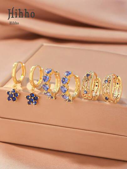 Hihho 6pcs Minimalist Sparkling Cubic Zirconia Flower Pendant, Heart Hoop Earrings, Vintage Hollow Floral Hoop Earrings Jewelry Set, Luxury Jewelry Gift, Colorful Multi-Element, Suitable For Daily Wear And Holidays