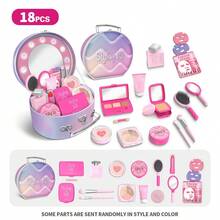 3/18pcs Pretend Makeup Vanity Playset For Girls, Portable Makeup Organizer Toy Box, Princess Dress Up Makeup Kit, Children Makeup Toy Handbag Suitable For 3 4 5 6 7 8 Year Old Girls, Learning Makeup Simulation Fashion Party Birthday Halloween Christmas Gift ( Plastic Makeup Toys)