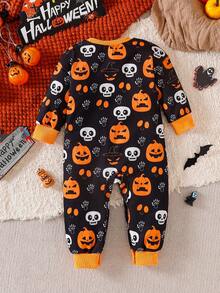 男婴万圣节南瓜骷髅印花长袖连体裤，可爱又有趣的万圣节主题秋冬装 - 黑色 - 查看 2