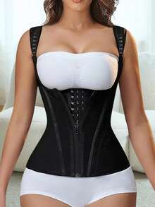 Body Shaper Shapewear Women Double Tummy Control Compression Waist Trainer Corset Adjustable Zipper And Hook-Eyes Flat Belly - 黑色 - 查看 3