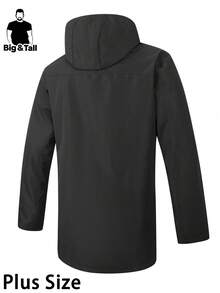 Plus Size Men's Hooded Windbreaker Loose Jacket With Drawstring Casual Outfits Solid Color Mid-Length With Pocket Versatile For Spring/Autumn, Daily Wear, Going Out Outdoor Camping Hiking Coat - Black - View 3