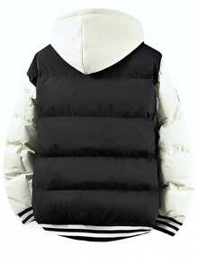 Men's Front Zipper Long Sleeve Letter Print Hooded Padded Coat, Casual Everyday Wear , Fall Winter