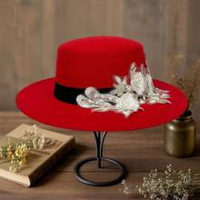 Womens Fedora Hat Stylish Elegant Decorative Flower Panama Hat Wide Flat Brim Jazz Cap - 紅色 - 查看 2