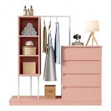 Chest Of Drawers, Wardrobe Set, Pink Wardrobe, Clothes Rail, Dimensions: L140/W40/H135, Pink - Pink - View 7