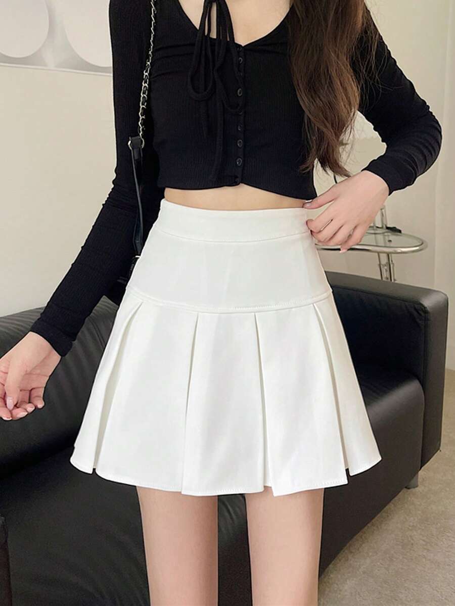 Chân váy ngắn xếp ly màu trơn dành cho nữ, kiểu dáng thường ngày dễ thương, màu trắng, thích hợp mặc vào mùa xuân. - trắng - Xem 1