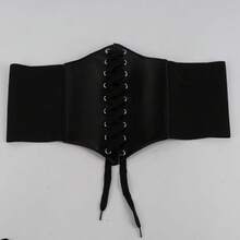 Waist Cincher Corset Wide Band Elastic Tied Waspie Belt Leather Soft Adjustable Black - 1 - 查看 2