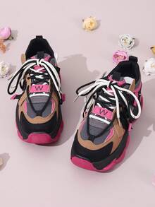 Women's Black Chunky Sneakers, Round Toe Lace-Up Thick Bottom Casual Athletic Shoes, Lightweight Outdoor Running For Spring & Autumn - 紅色 - 查看 11