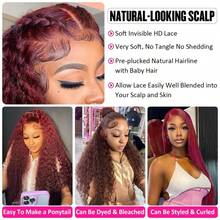 99J Burgundy Lace Front Wig Brazilian Human Hair Deep Wave Pre Plucked Hairline 5x5 Transparent Glueless Lace Closure Wigs Human Hair Wine Red Colored For Women 150 Density - S99J - View 6